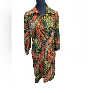Vintage 1970s Psychedelic Abstract Print Long Sleeve Berkshire B-tween Dress